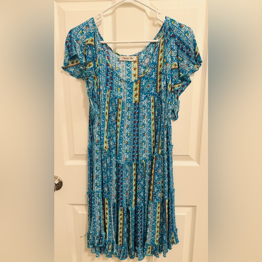 Boho Tiered Blue Patterned Women’s Dress
